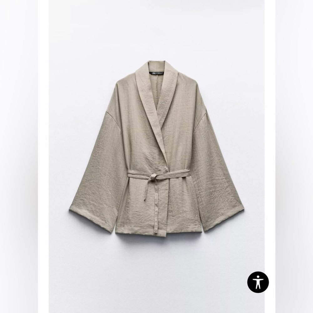 Zara Belted Textured Women's Long Sleeve Kimono Jacket In Beige/Tan Size M/L NWT - Picture 15 of 16